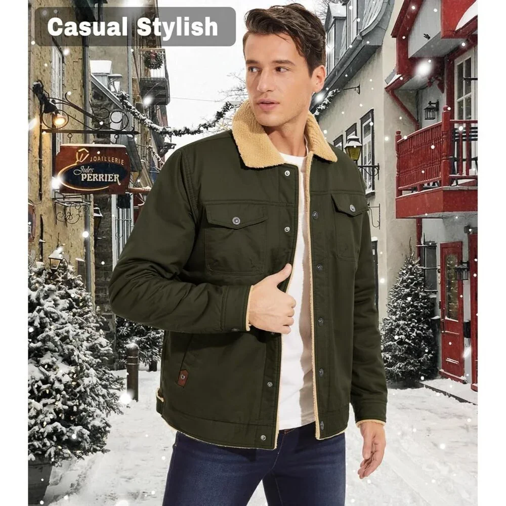 Men's Green Winter Thick Thermal Cotton Warm Fleece Lined Coat Cargo Jackets